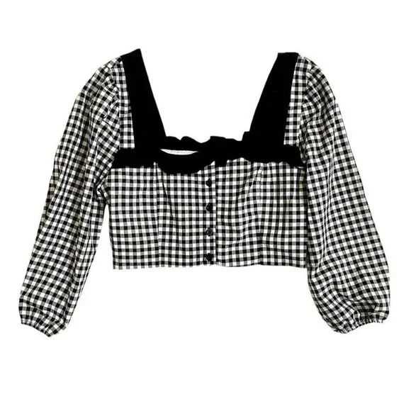 BCBGeneration Crop Top Ruffled Gingham Black White Blouse Top Shirt Sz M NWT - Picture 4 of 12